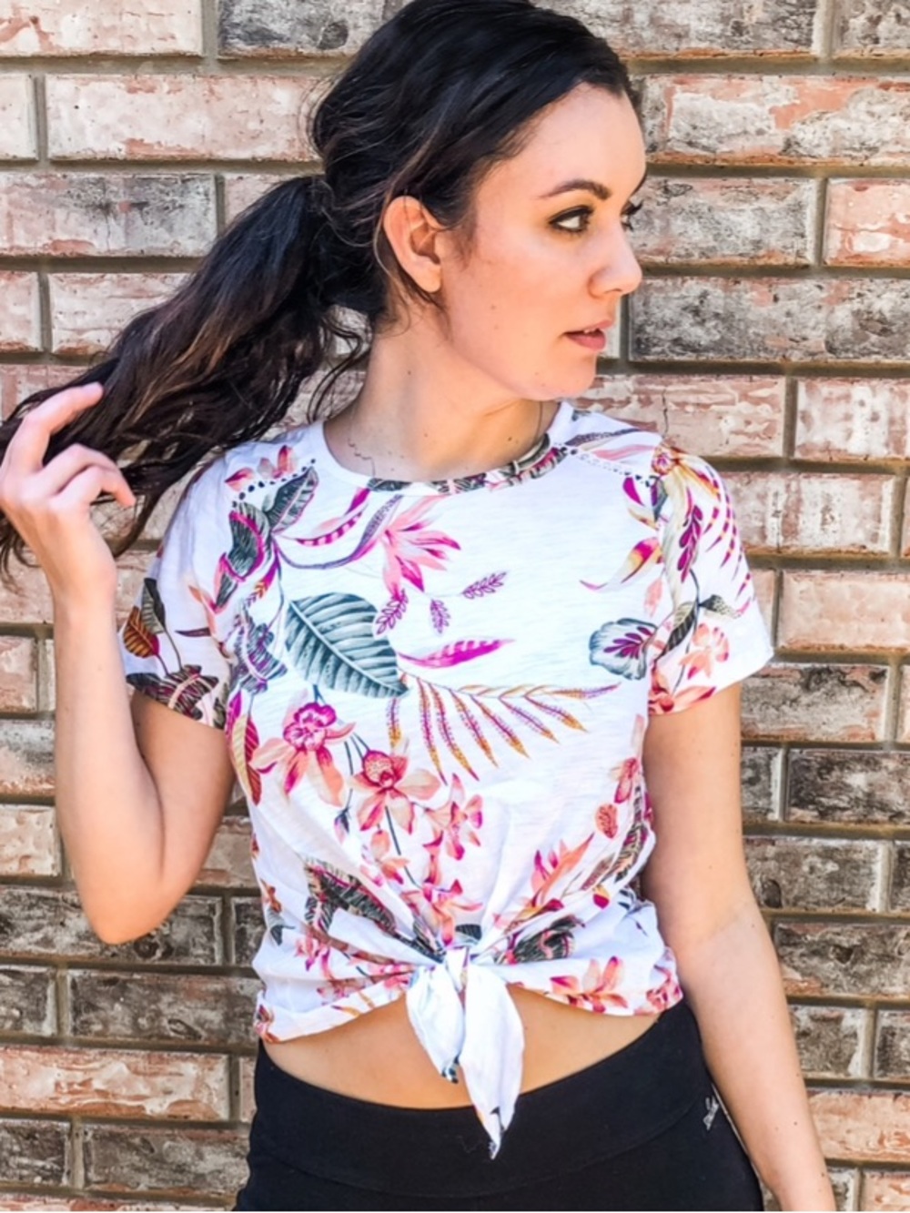 White Floral Tie-Front Crop Top
